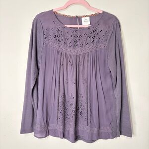 KNOX ROSE Long-Sleeve Cotton Eyelet Panel Top, Medium